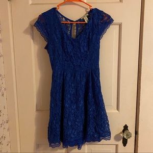 Blue Lace Skater Dress with Open Back